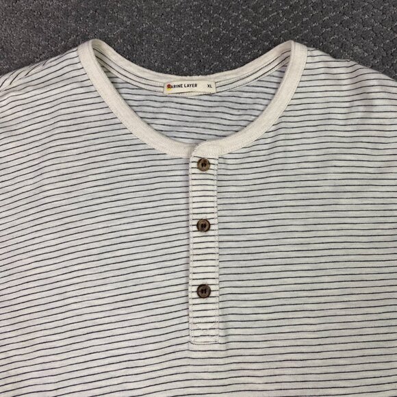 Marine Layer Henley Shirt Men's XL Ivory Black Stripe Long Sleeve - Picture 2 of 10